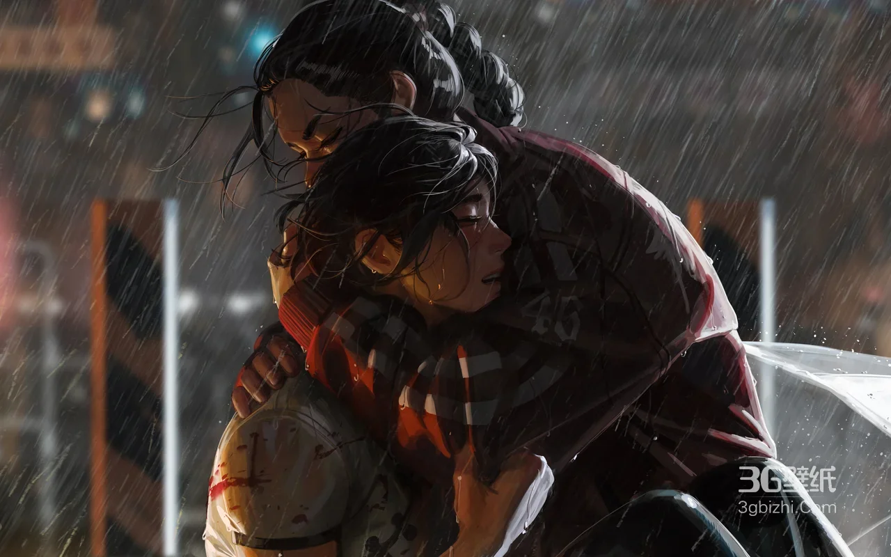 雨中相拥·写实插画风 痛感治愈电脑壁纸1