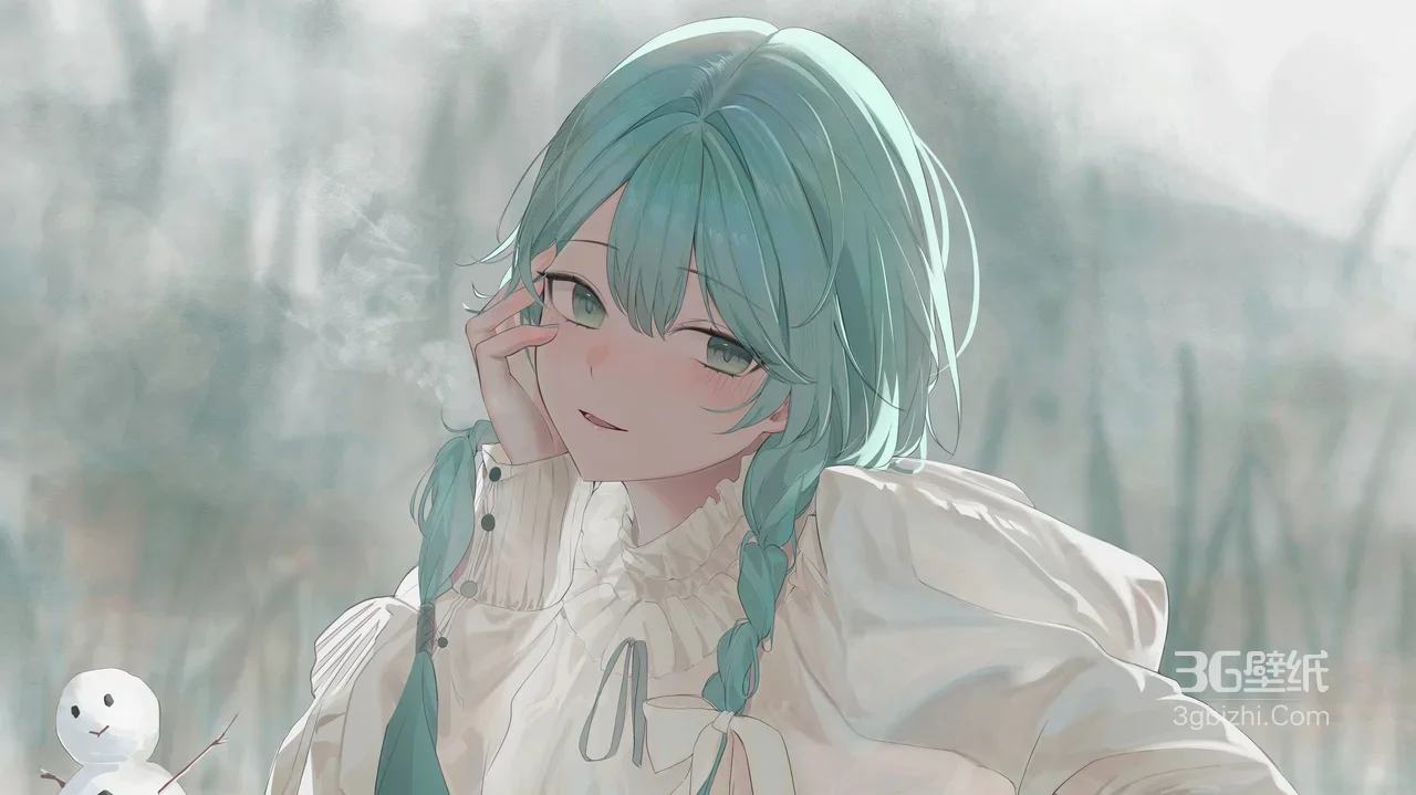 二次元唯美蓝发双辫少女·雪日雪人 电脑壁纸1