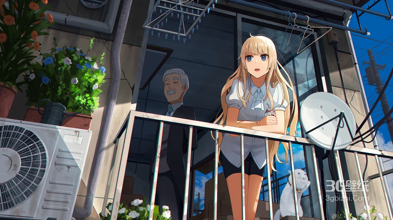 金发少女·蓝瞳白衣 二次元动漫风阳台日常 白猫相伴 宽屏电脑壁纸1