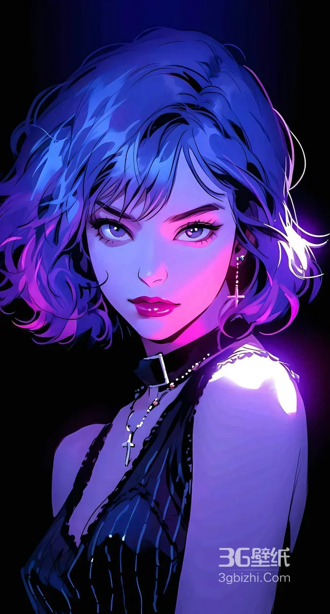 赛博朋克风二次元少女·霓虹卷发十字架耳饰 高热度手机壁纸1