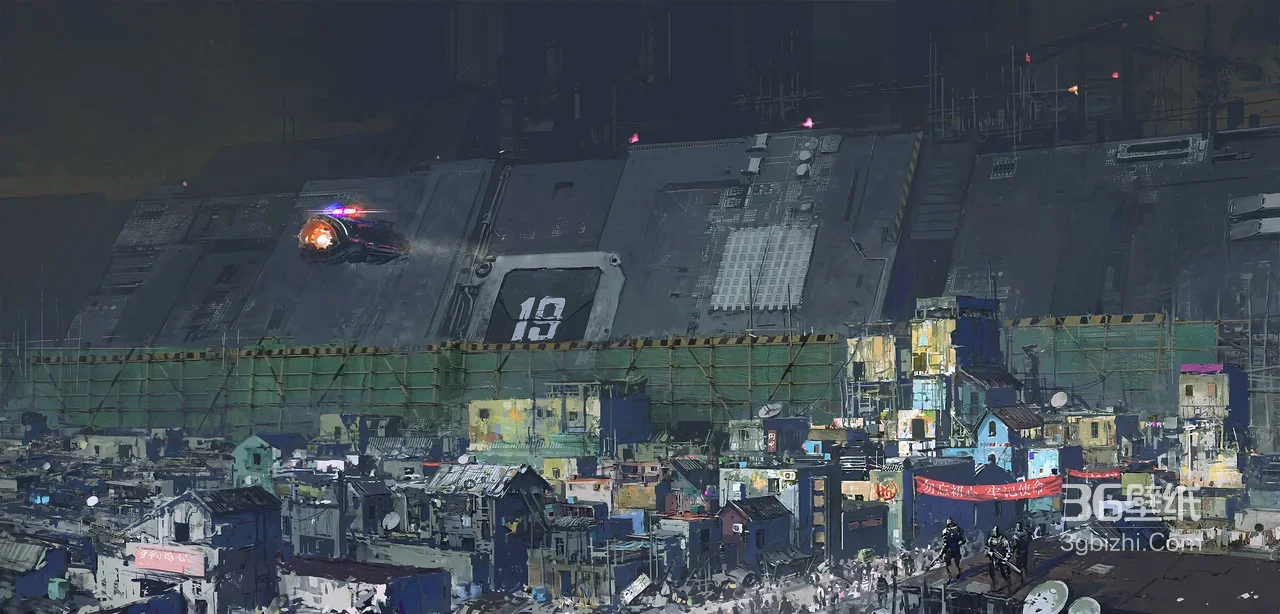 赛博朋克城中村·悬浮警车科幻场景 宽屏车机壁纸1