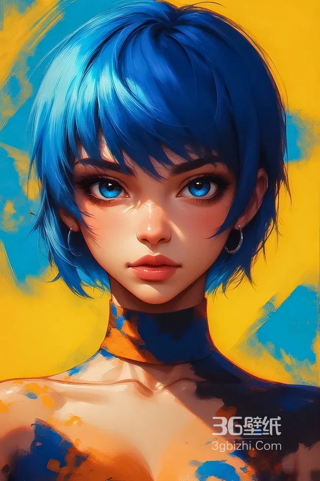 蓝发蓝眼少女·油画风原创插画手机壁纸（高人气艺术感壁纸）1