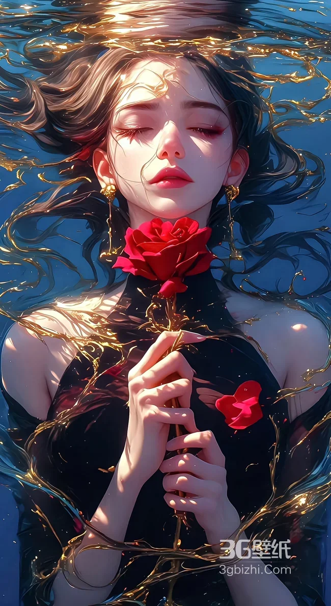 水下持红玫瑰女子·唯美梦幻风 金色流体艺术手机壁纸1