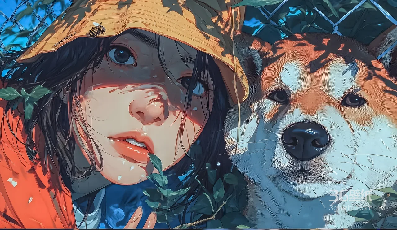 戴黄帽少女与柴犬·写实插画风 治愈系桌面背景1