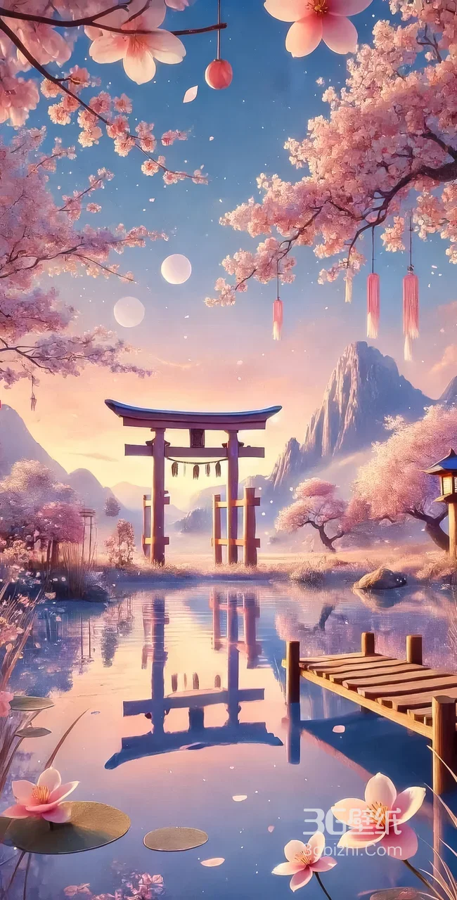 日式鸟居山水池塘·唯美和风 日系手机壁纸1