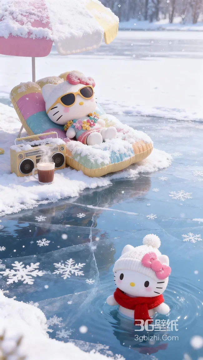 Hello Kitty·冰湖冬日度假 可爱治愈风 三丽鸥壁纸1