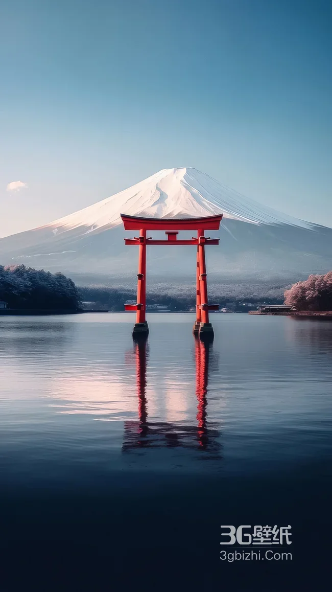 富士山与朱红鸟居·日系唯美 冬日雪景壁纸1