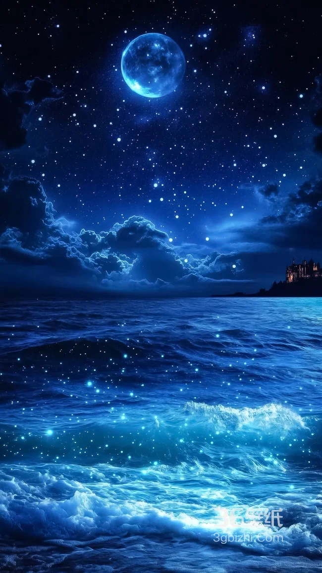月夜蓝海城堡·唯美梦幻风 星空海浪手机壁纸1