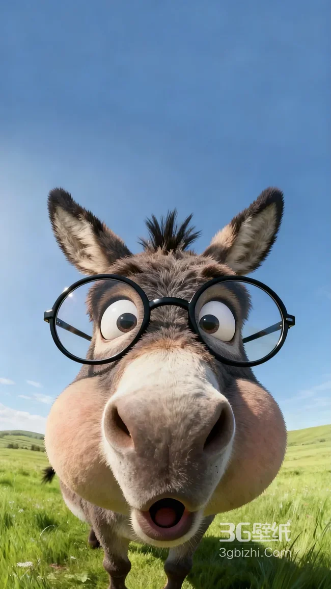 拟人卡通驴·呆萌眼镜造型 清新草地蓝天手机壁纸1