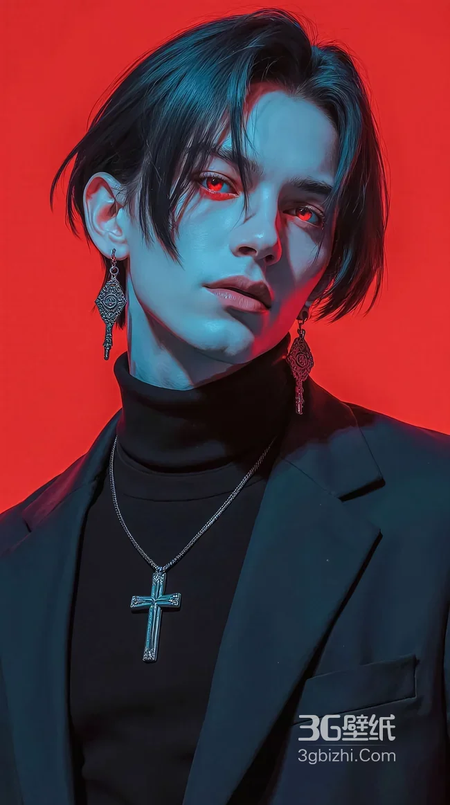 暗黑哥特风帅哥·红瞳金属耳饰 手机壁纸1