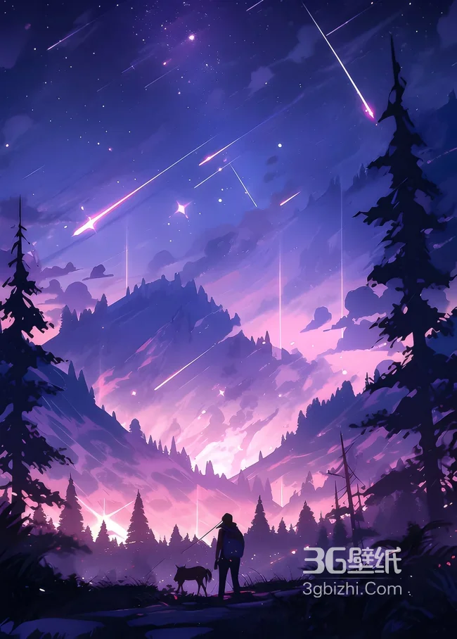山林流星下人与狗 唯美二次元插画 梦幻手机壁纸1