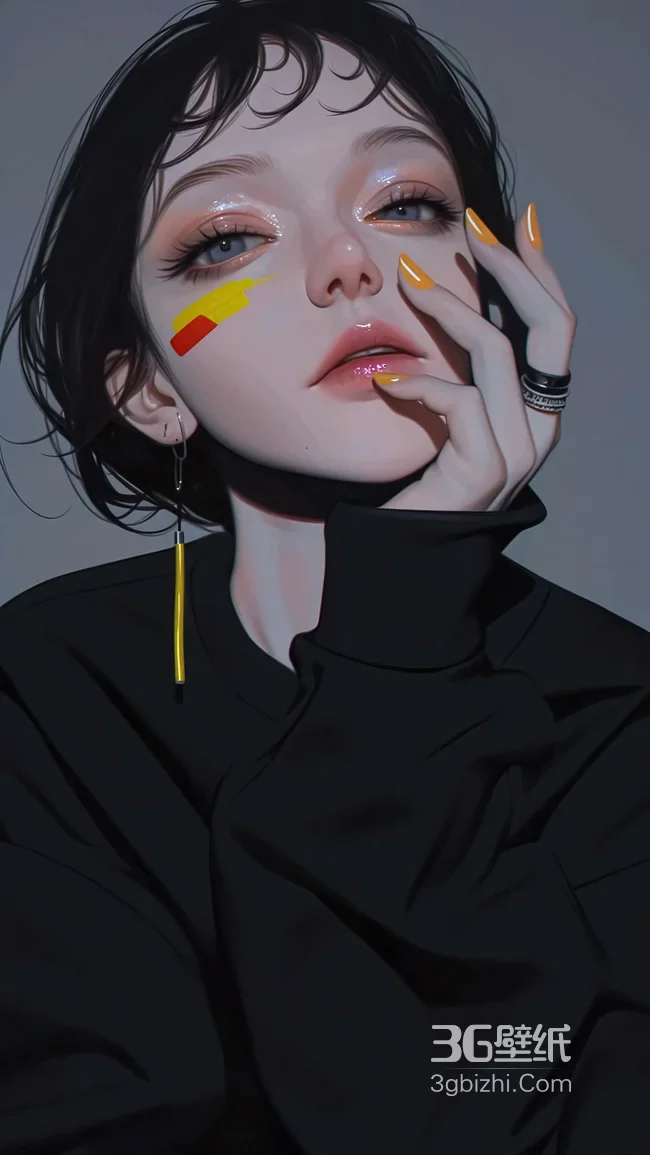暗黑写实风手绘酷感女生·黄美甲耳饰高人气手机壁纸1
