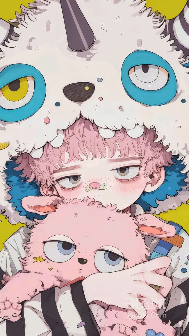 粉发少年·毛绒兽耳帽抱萌宠 二次元治愈系插画 手机壁纸1