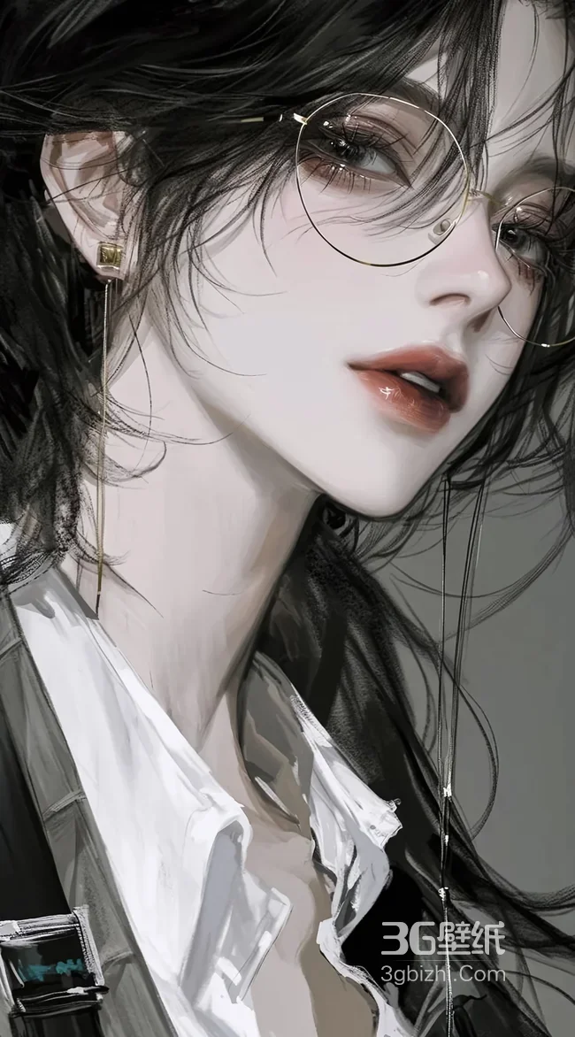 酷感眼镜少女·写实手绘风 高冷气质手机壁纸精选1