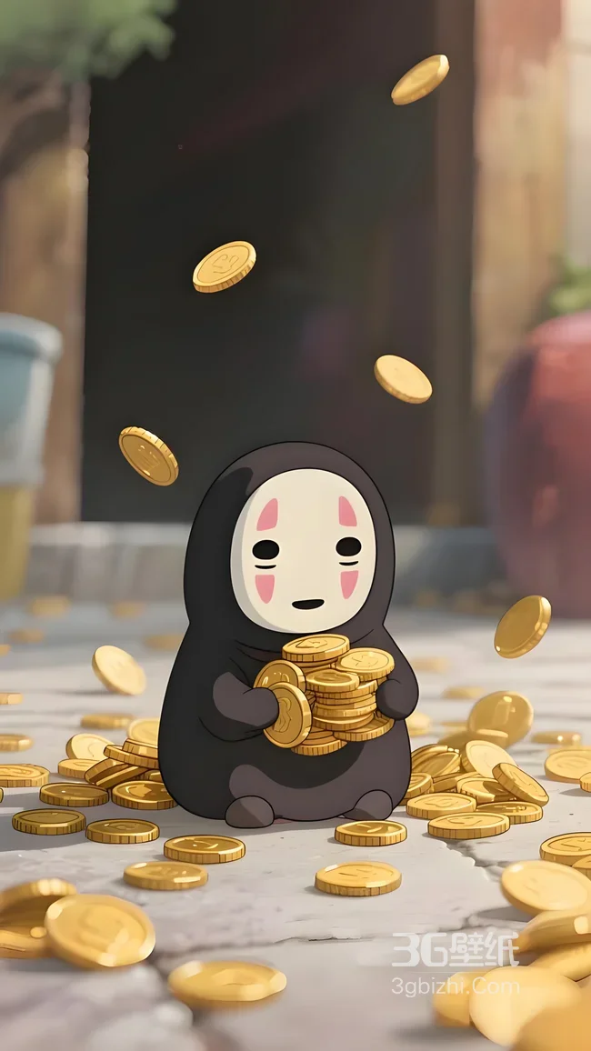无脸男（千与千寻）Q版抱金币 治愈金币雨壁纸1