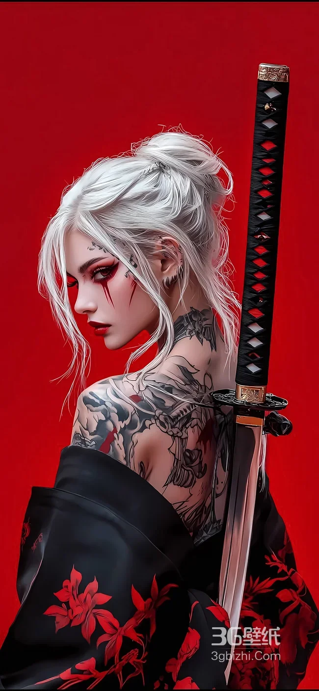 白发纹身女武士·暗黑日系风 武士刀花臂纹身手机壁纸1