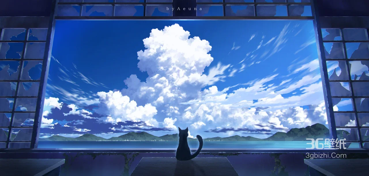 二次元唯美黑猫·云海山水日式窗 治愈电脑壁纸1