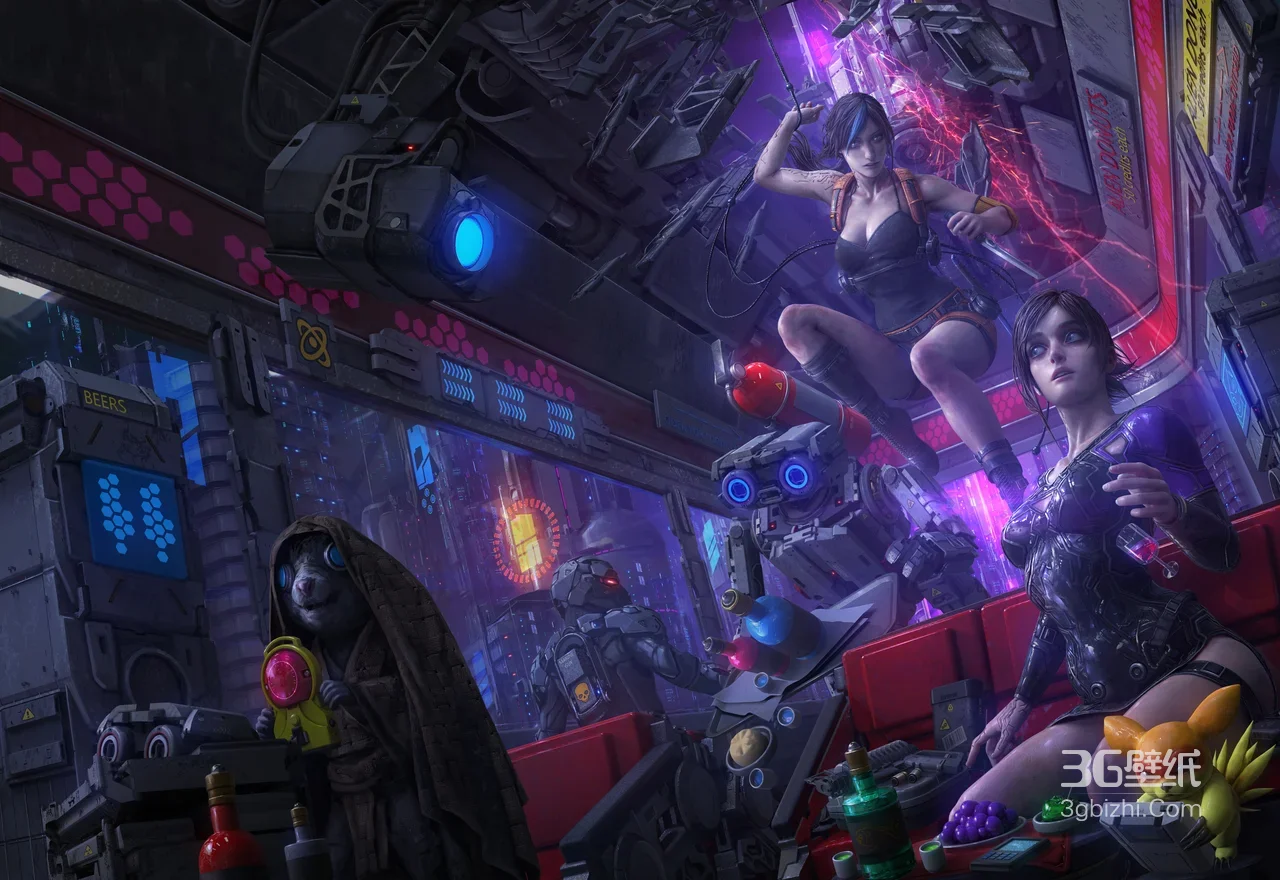 赛博朋克未来酒馆·机械角色宠物·游戏风宽屏电脑壁纸1