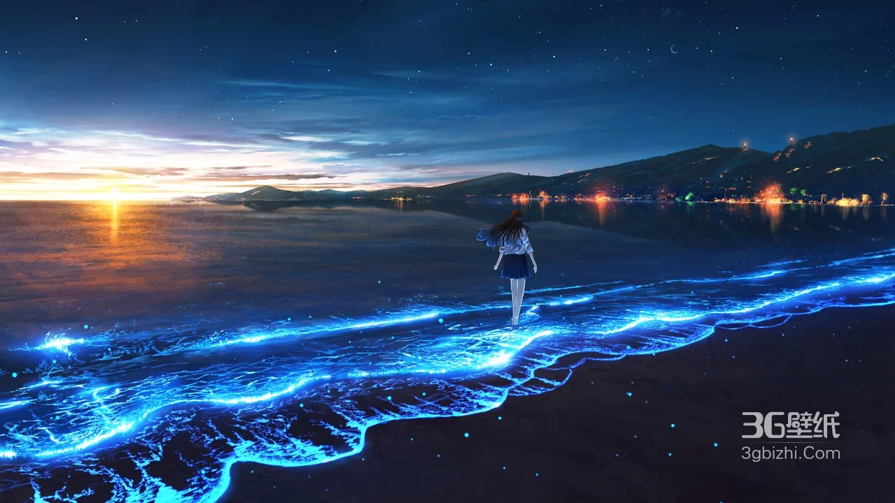 海边少女·荧光海浪 唯美动漫风夜景电脑壁纸1
