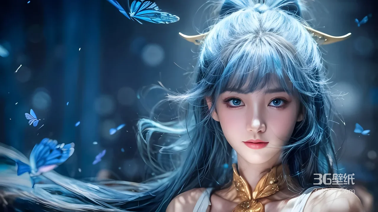 蓝发仙子·蝶舞流光 唯美游戏角色电脑壁纸推荐1