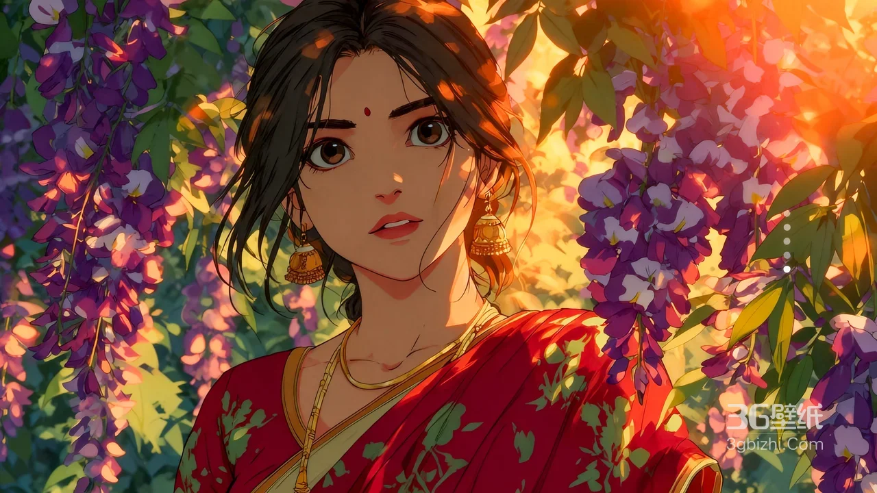 传统纱丽少女·插画风紫藤花暖光 唯美电脑壁纸1