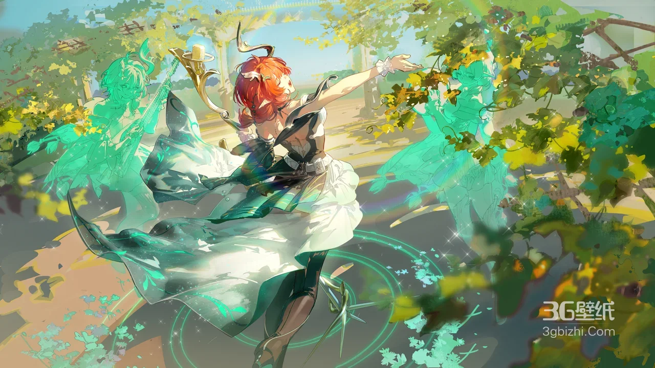 红发角饰少女·灵体伴舞 二次元唯美 阳光林径电脑壁纸1