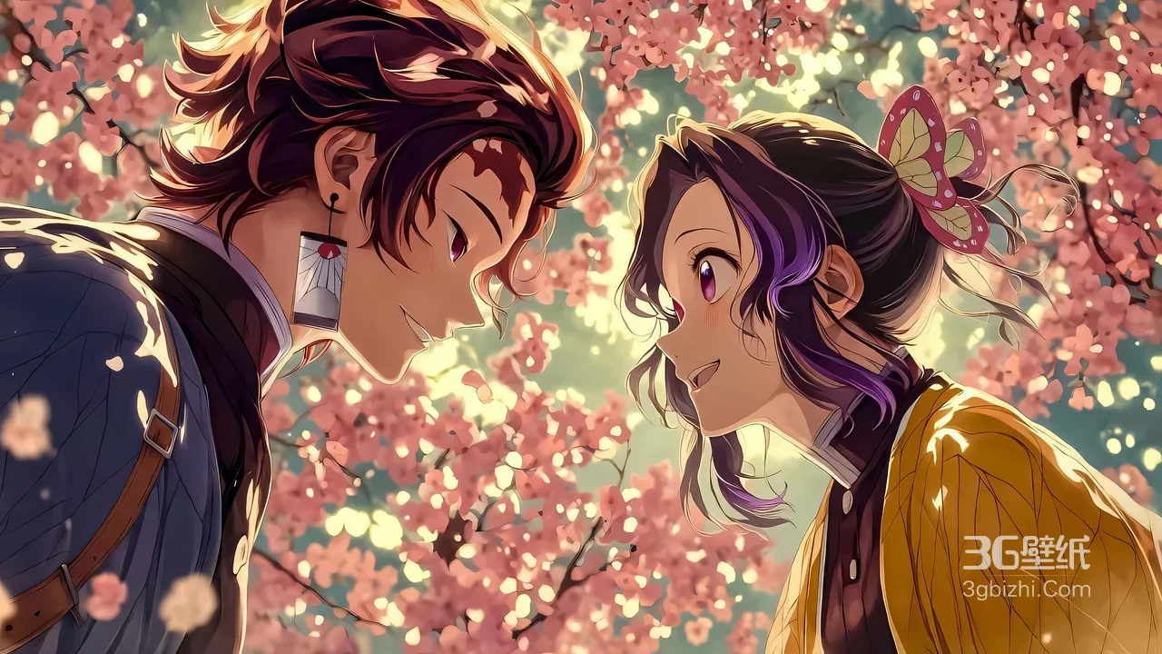 炭治郎&蝴蝶忍·樱花相映 唯美鬼灭之刃动漫电脑壁纸1