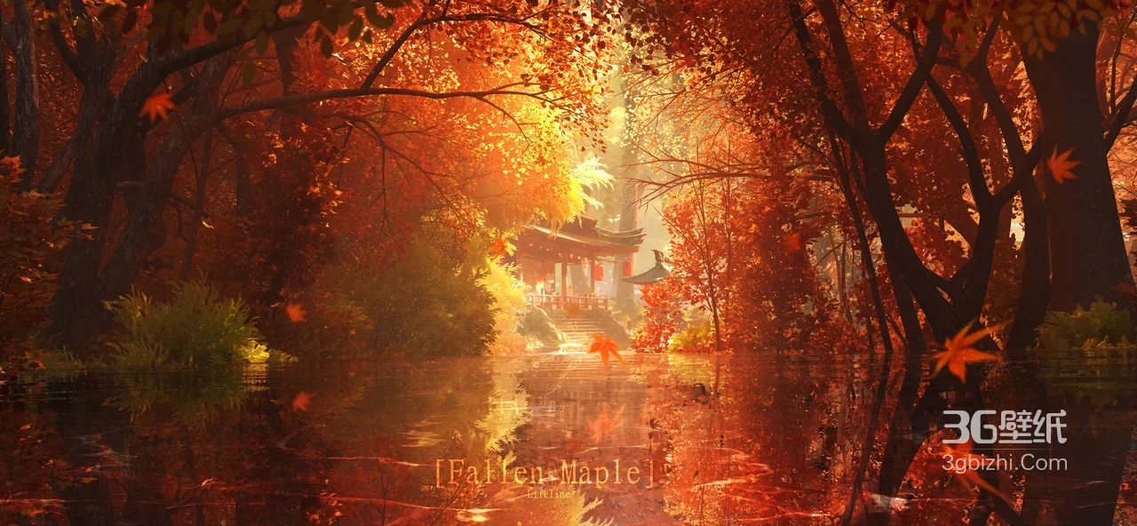 枫林古亭水榭·国风唯美秋景 宽屏电脑壁纸1