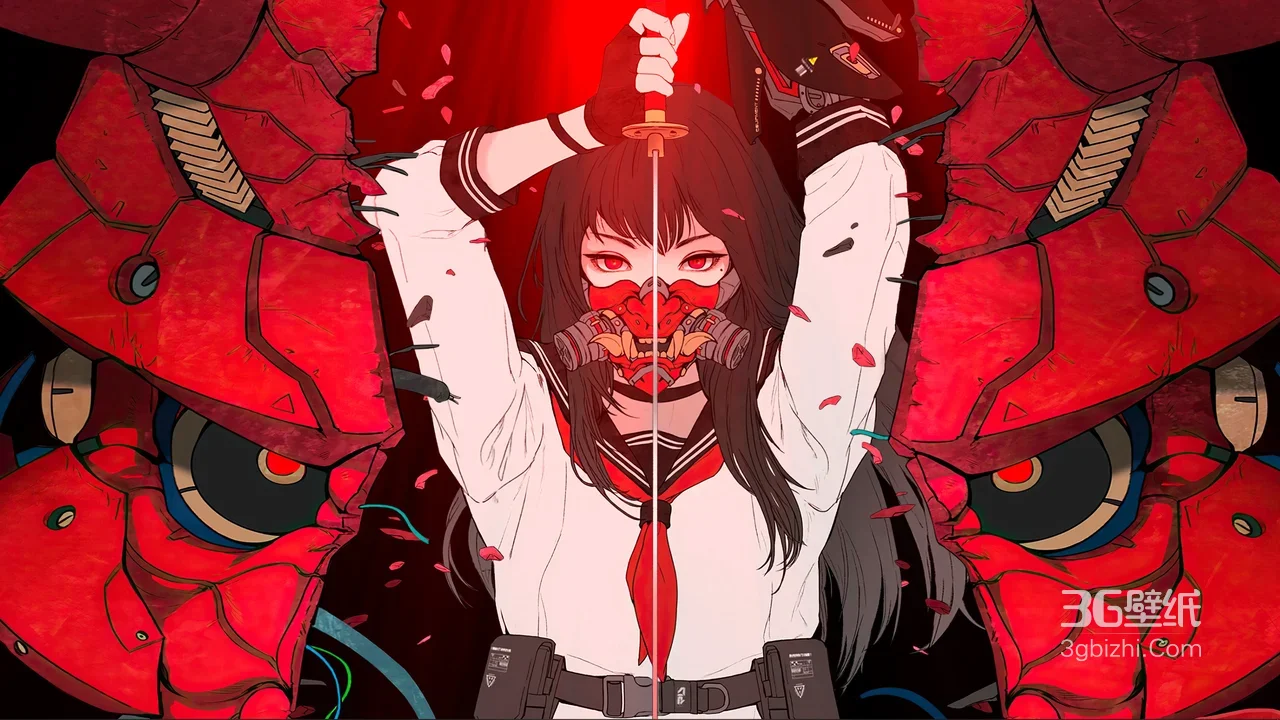 赛博朋克持剑少女·机械口罩水手服 暗黑二次元电脑壁纸1
