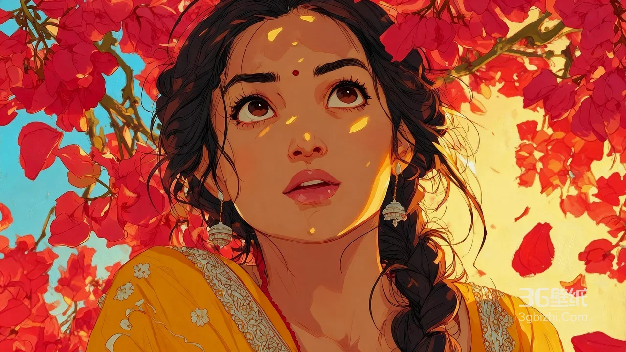 印度风少女·辫发纱丽 国漫插画 花卉背景电脑壁纸1