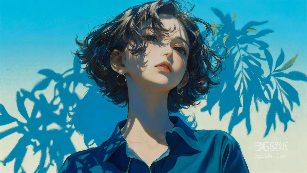 卷发少女·树影斑驳 写实唯美插画 清新蓝调电脑壁纸1