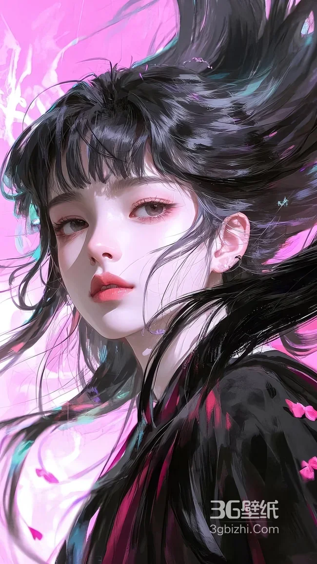 黑发少女·发丝飞扬 唯美国漫风 超梦幻粉色系壁纸1