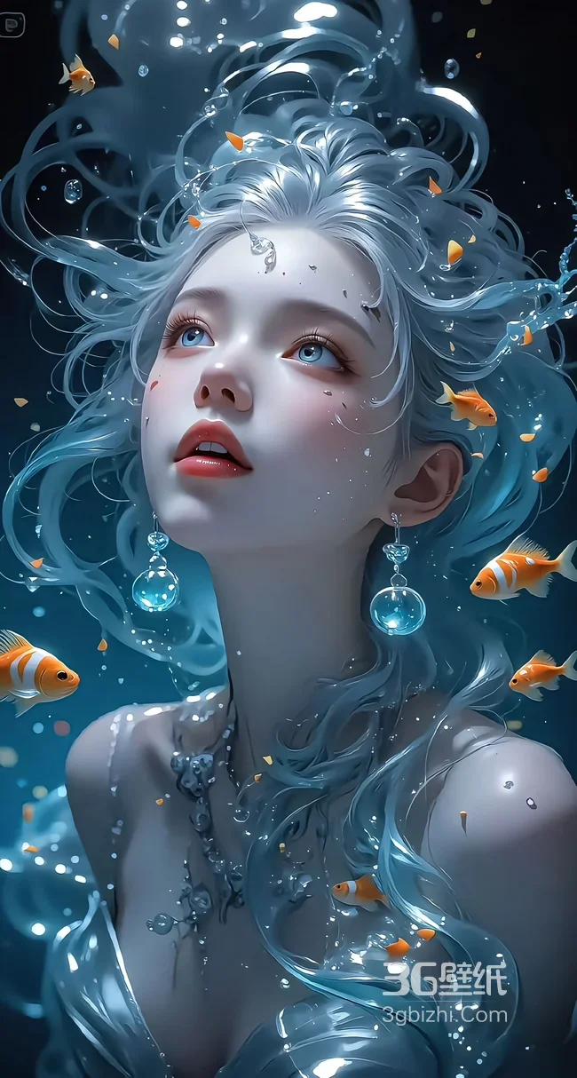 水元素拟人·银发水波与金鱼 唯美梦幻风 手机壁纸精选1