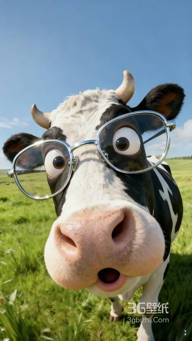 拟真戴眼镜奶牛·治愈田园风 趣味动物壁纸1