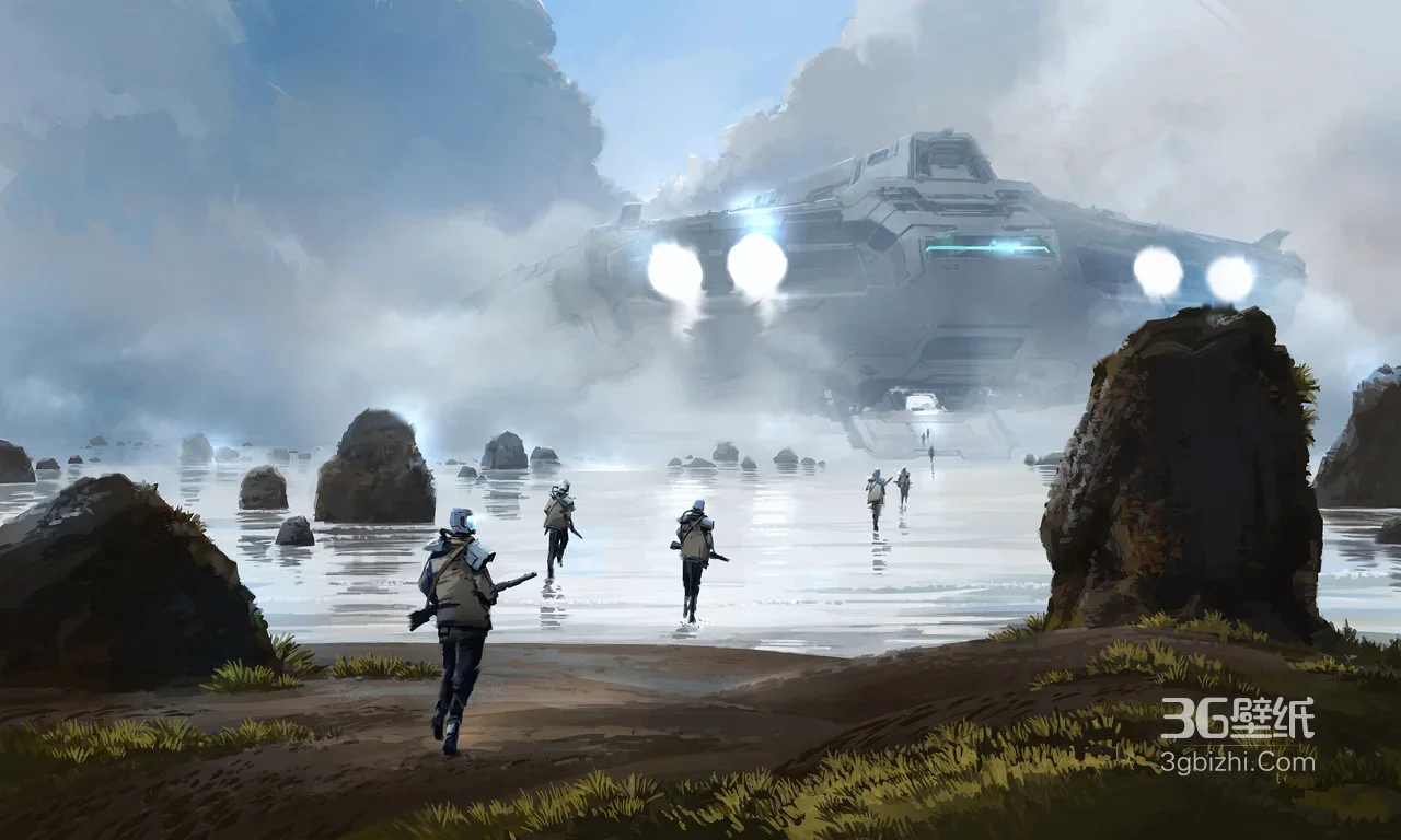 科幻士兵登陆海滩·巨型飞船·科幻写实风游戏壁纸1