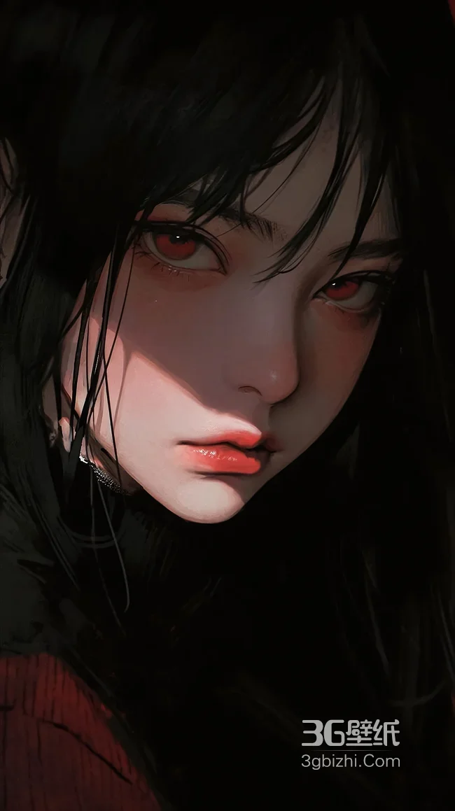 暗黑写实红瞳黑长直少女·原创插画手机壁纸1