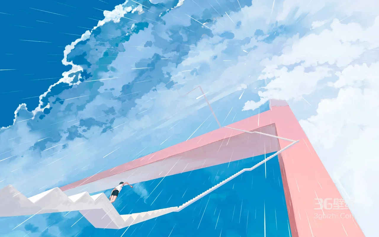 人物奔跑·天空阶梯粉色架构·二次元唯美宽屏电脑壁纸1