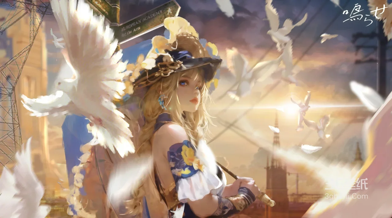 金发花饰少女·白鸽环绕 唯美二次元插画 宽屏车机壁纸1