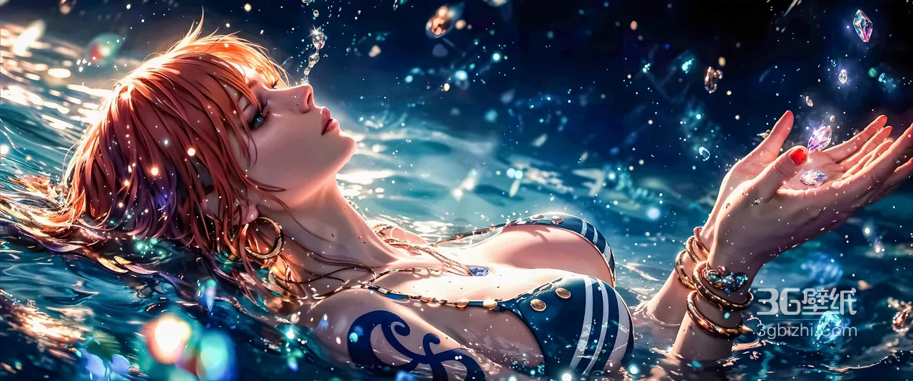 娜美·水中捧水晶 海贼王动漫唯美写实宽屏电脑壁纸1