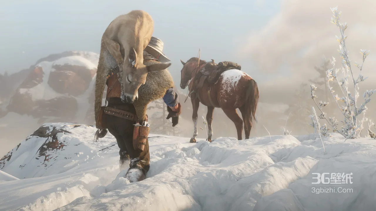 亚瑟·背鹿踏雪 写实西部风《荒野大镖客2》游戏壁纸 西部冒险雪景1