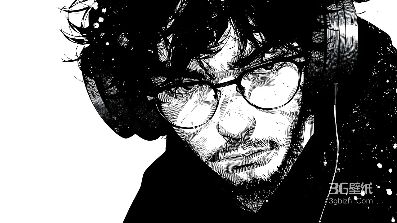 戴耳机眼镜帅哥·黑白手绘风 高人气电脑桌面背景1