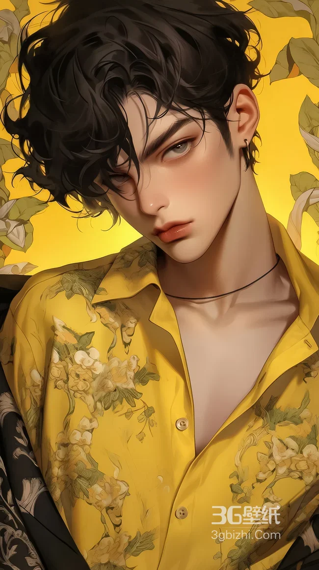 卷发帅哥·黄色花衬衫手绘风 高质感男生壁纸优选1