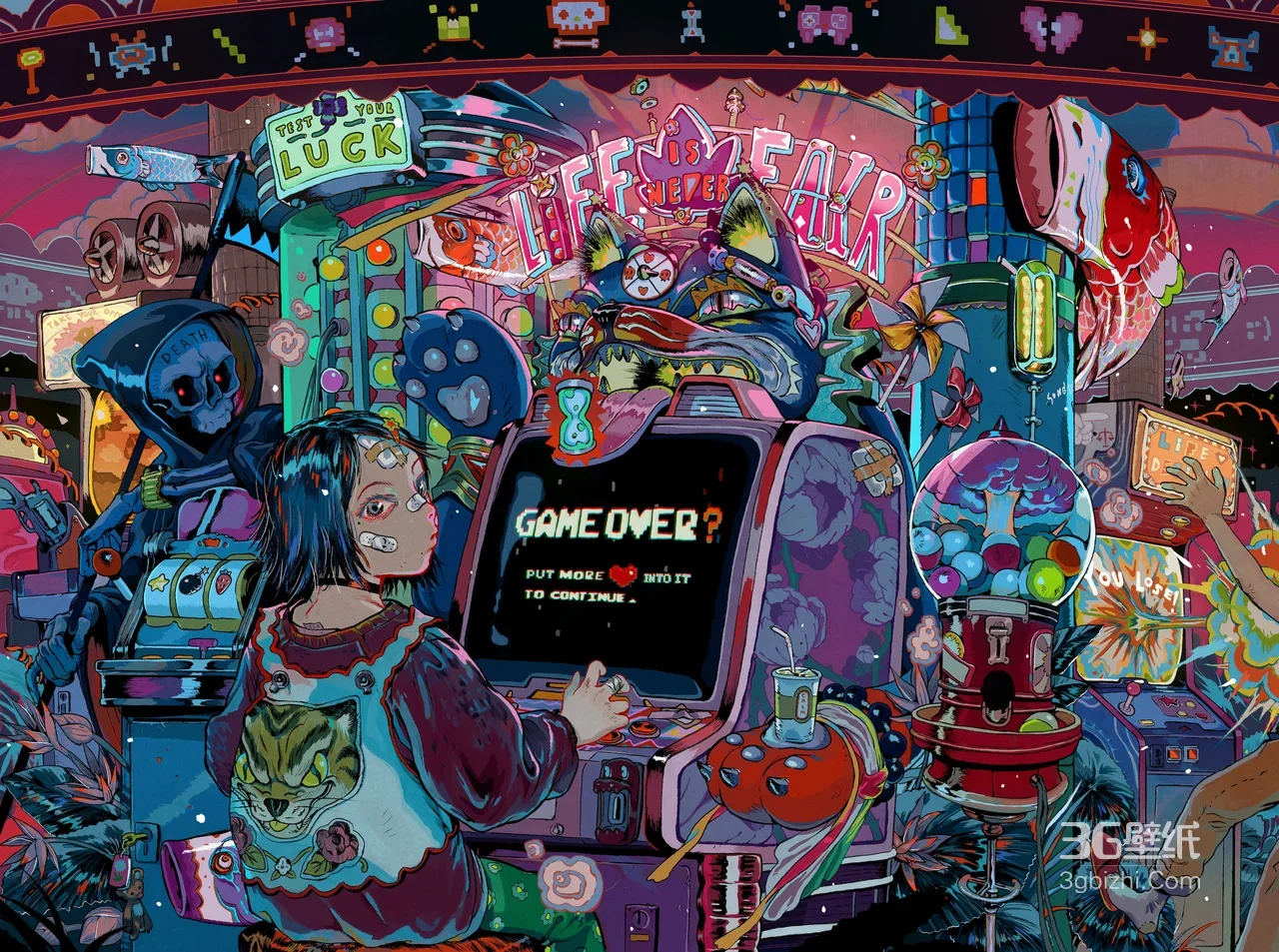 赛博朋克插画·街机女孩（创可贴猫背心）与死神·超火电脑壁纸1