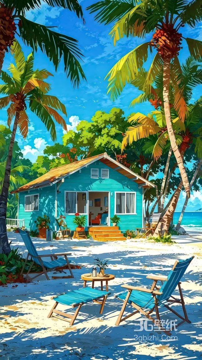 海滨蓝屋 热带沙滩 清新插画风 度假感手机壁纸1