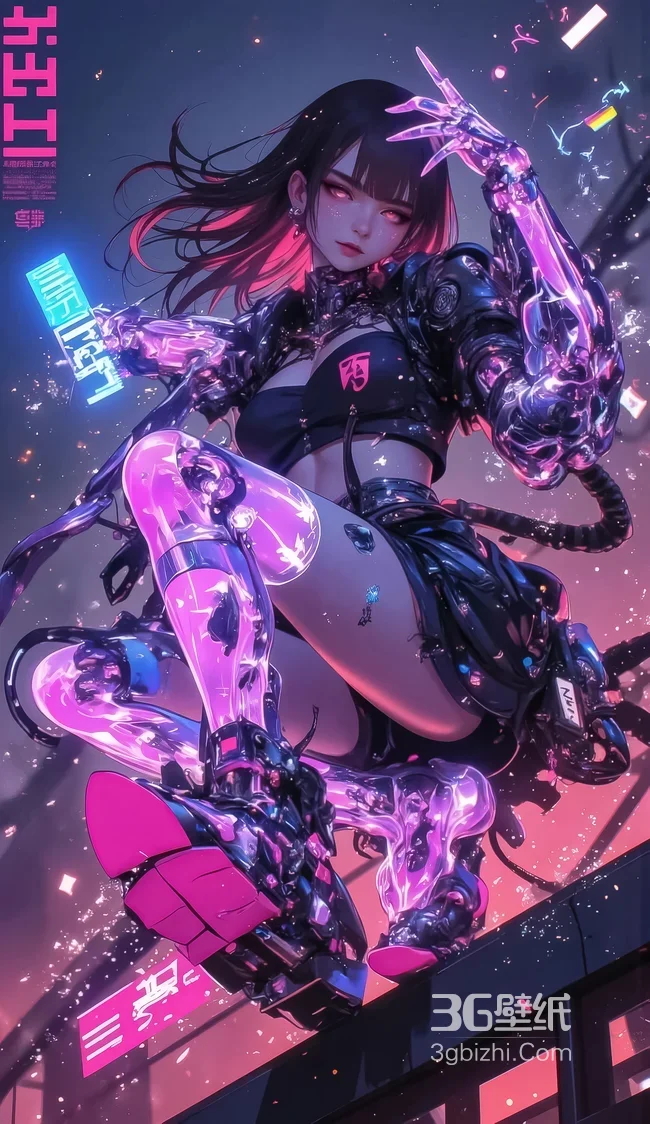 赛博朋克机械义体少女·霓虹科技风手机壁纸1