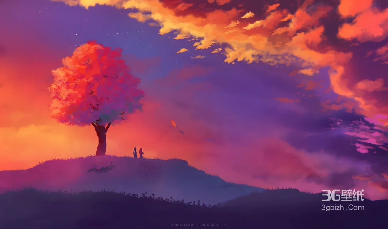 山坡红树·双人放风筝 唯美梦幻 黄昏电脑壁纸1