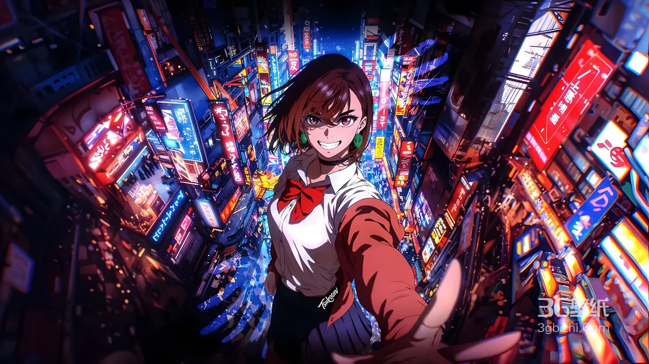 元气红领结少女·赛博朋克东京霓虹街 二次元电脑壁纸1