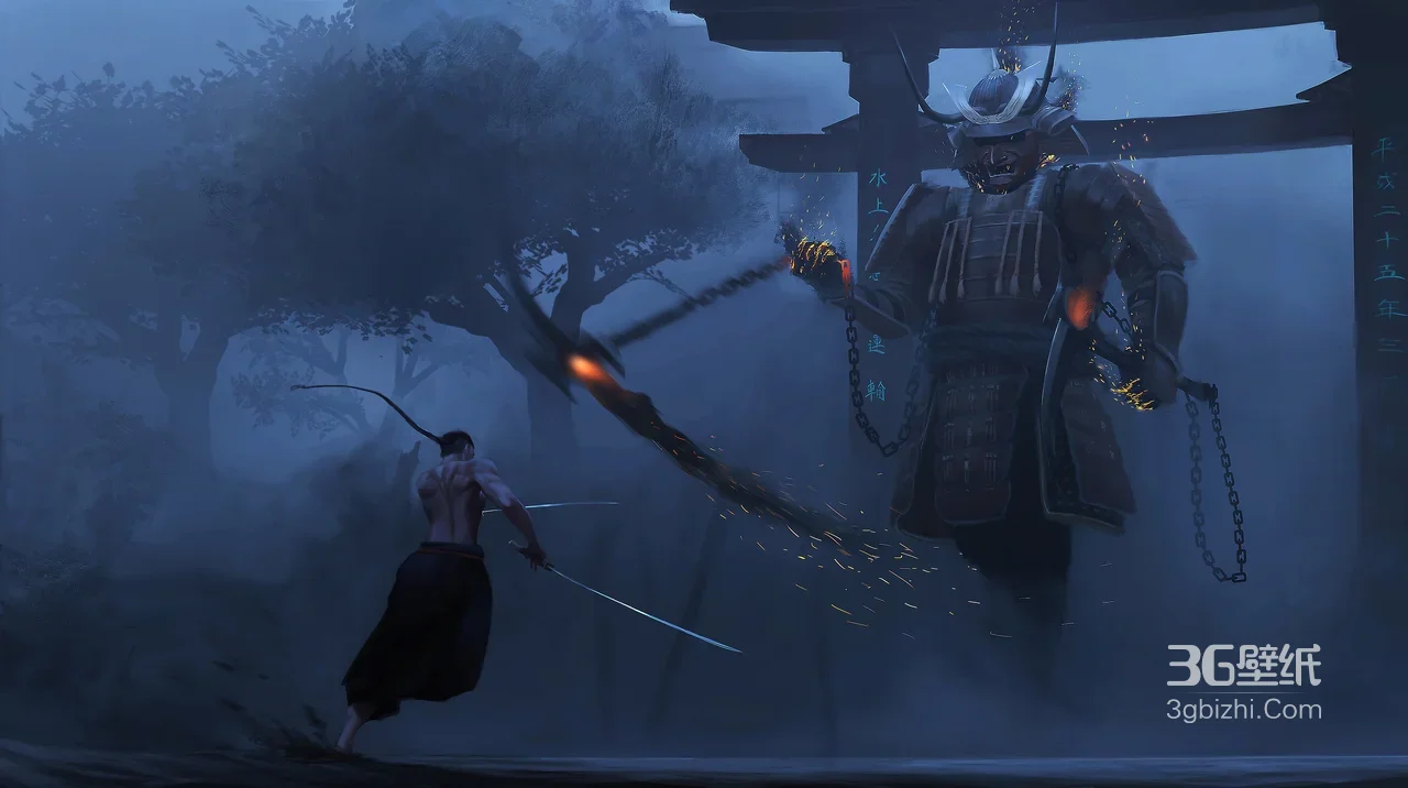 孤刃剑客VS鬼面巨武士·暗黑和风·游戏高燃战斗壁纸1