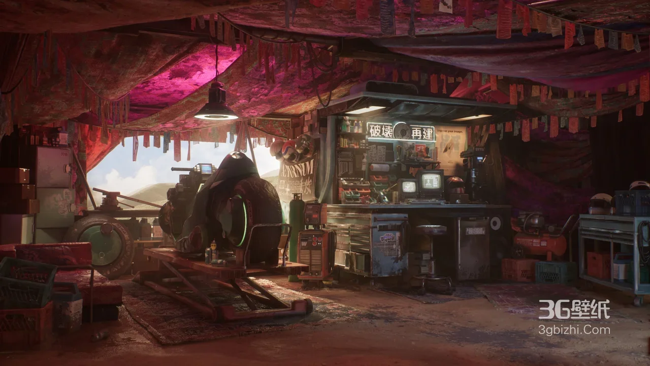 赛博朋克废土修理工坊·机械改装游戏场景电脑壁纸1