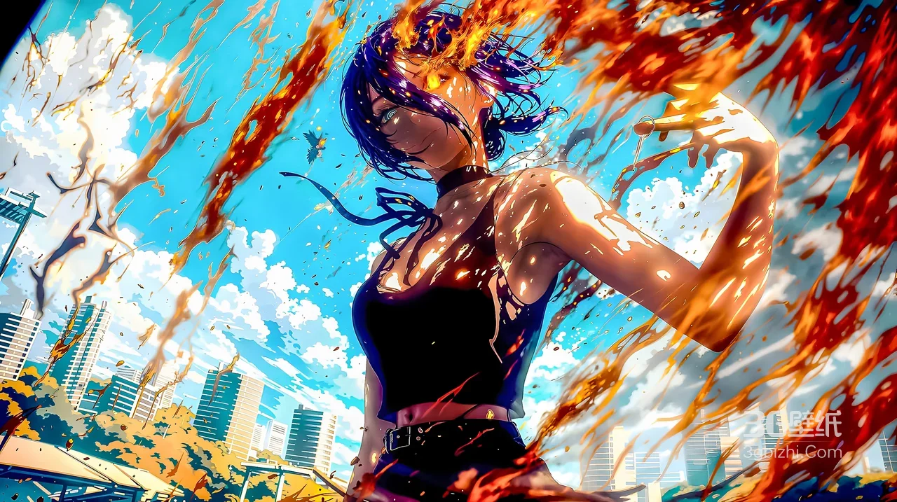 二次元动漫火焰环绕少女·都市蓝天电脑壁纸精选1